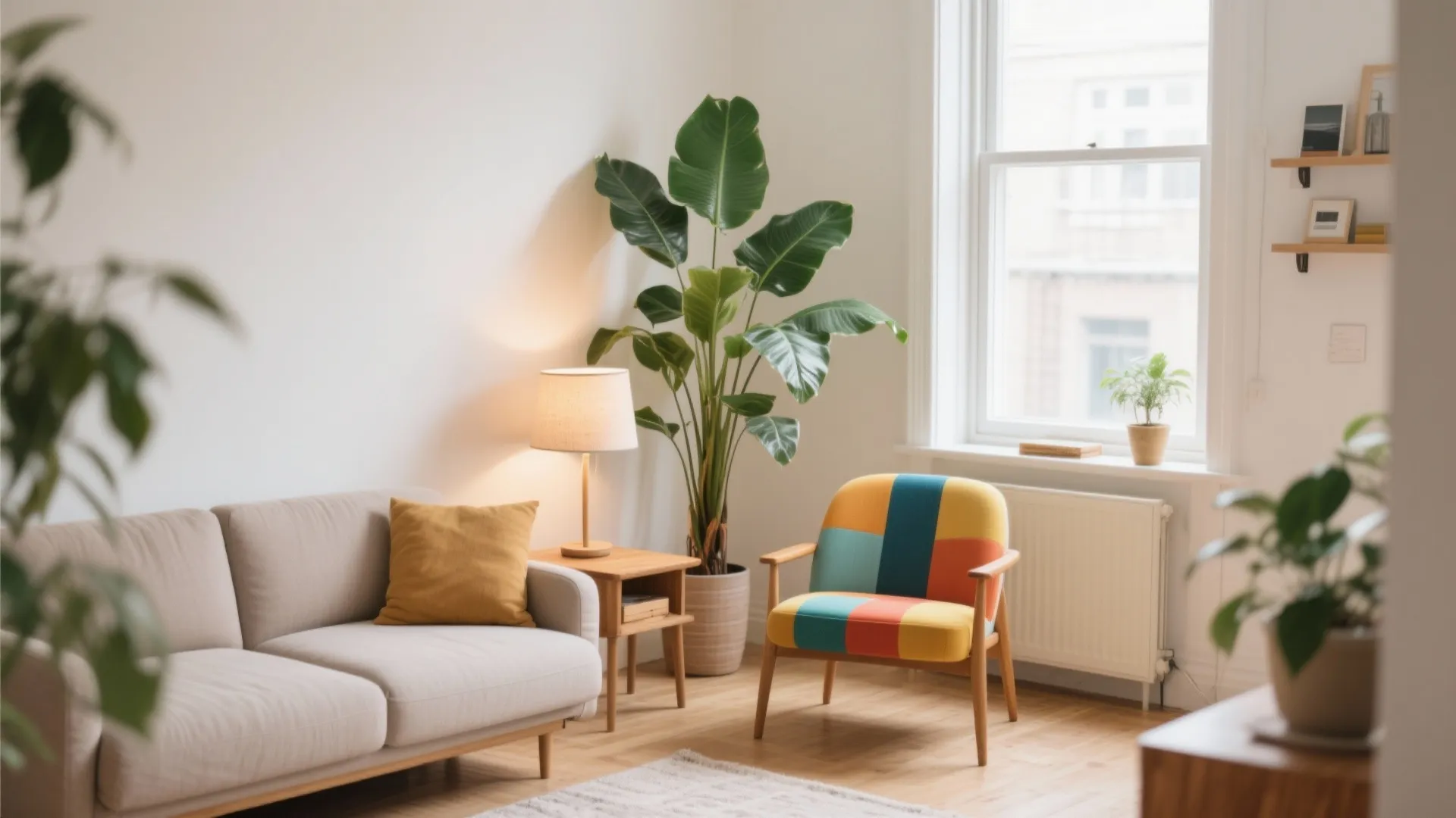 Cozy living room corner with beige sofa, colorful armchair, wooden side table, lamp, and green plant