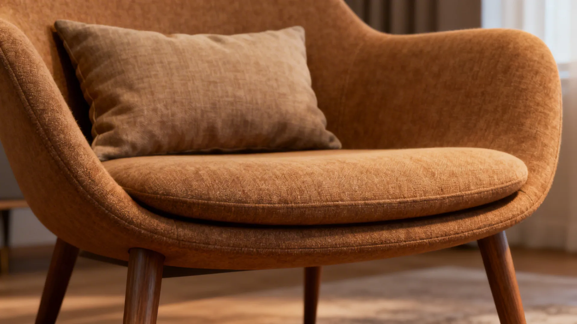 Affordable accent chair with slim profile and removable legs, styled with a lumbar pillow.