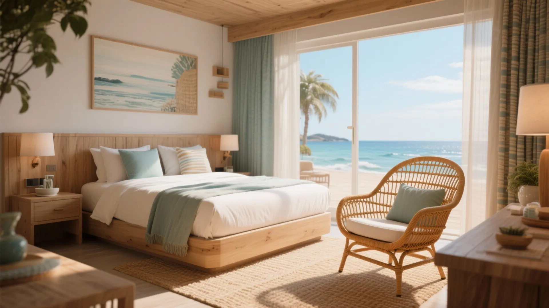 Tropical bedroom with wooden bed white bedding rattan chair and ocean view through large window