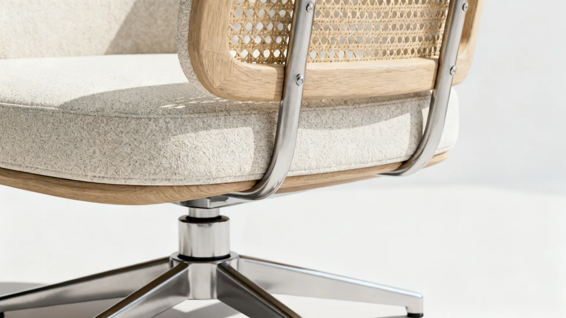 Close-up of a modern chair with woven wood back beige fabric seat and metal base
