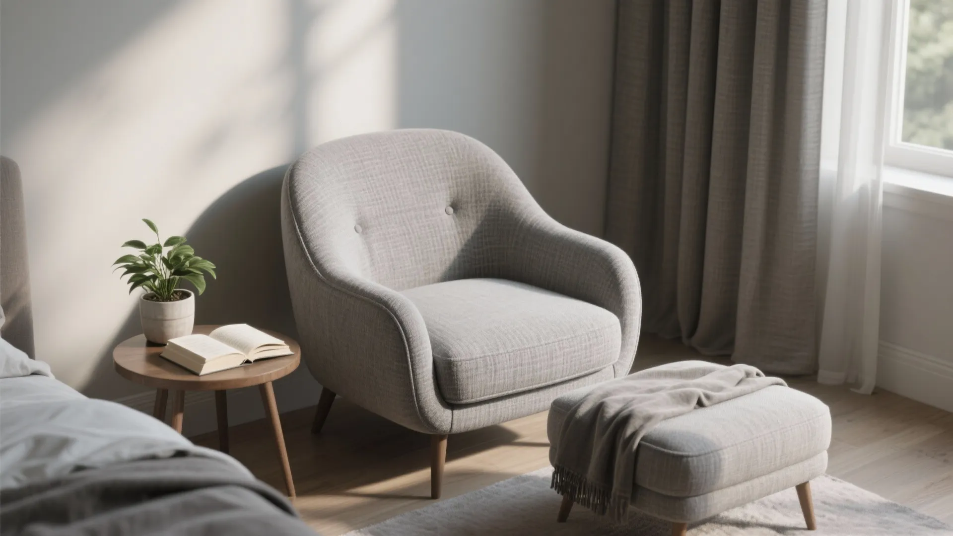 4. Upholstered grey accent chair for a reading nook
