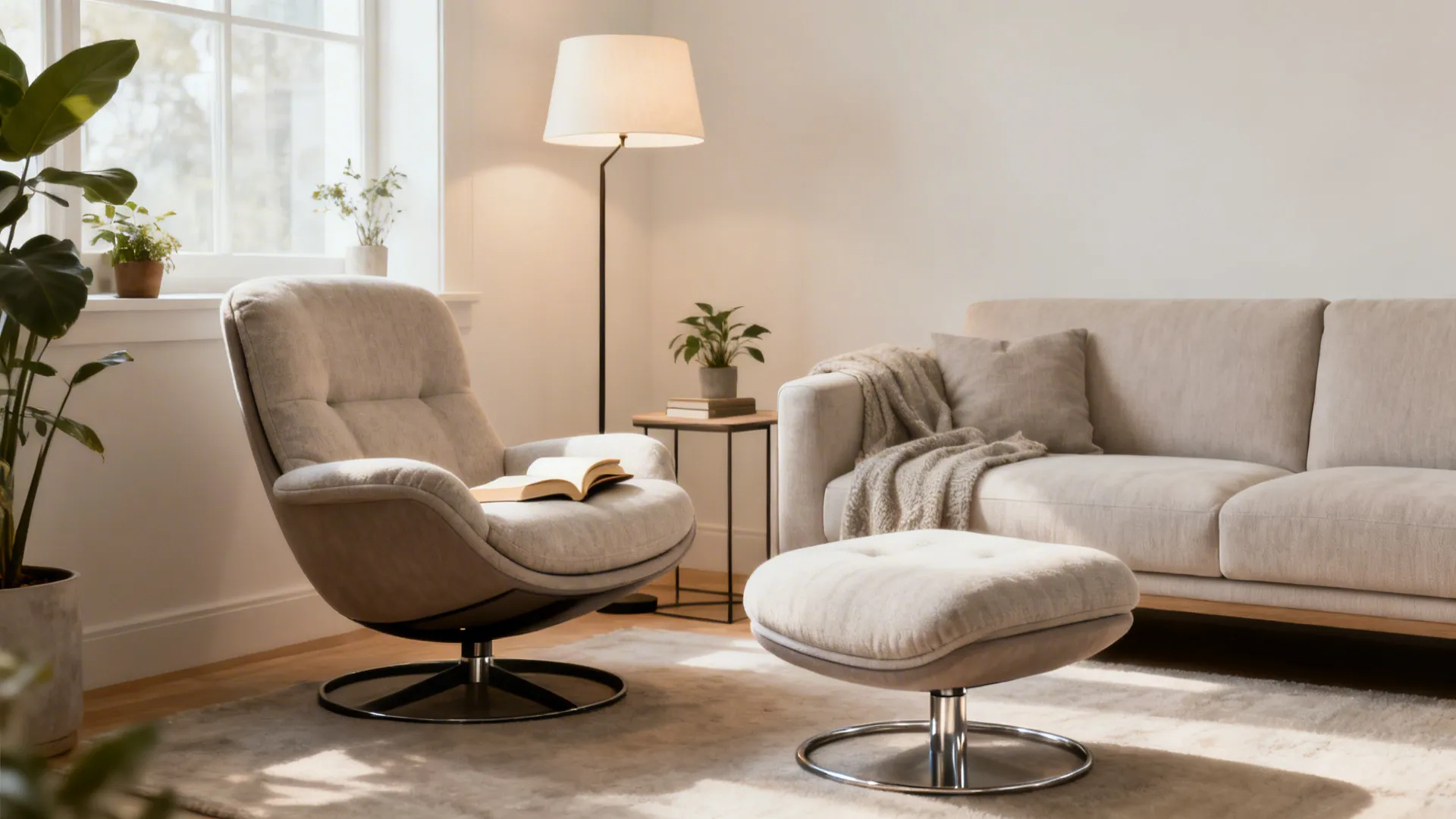 Accent swivel chair with ottoman and reading lamp forming a flexible corner nook.