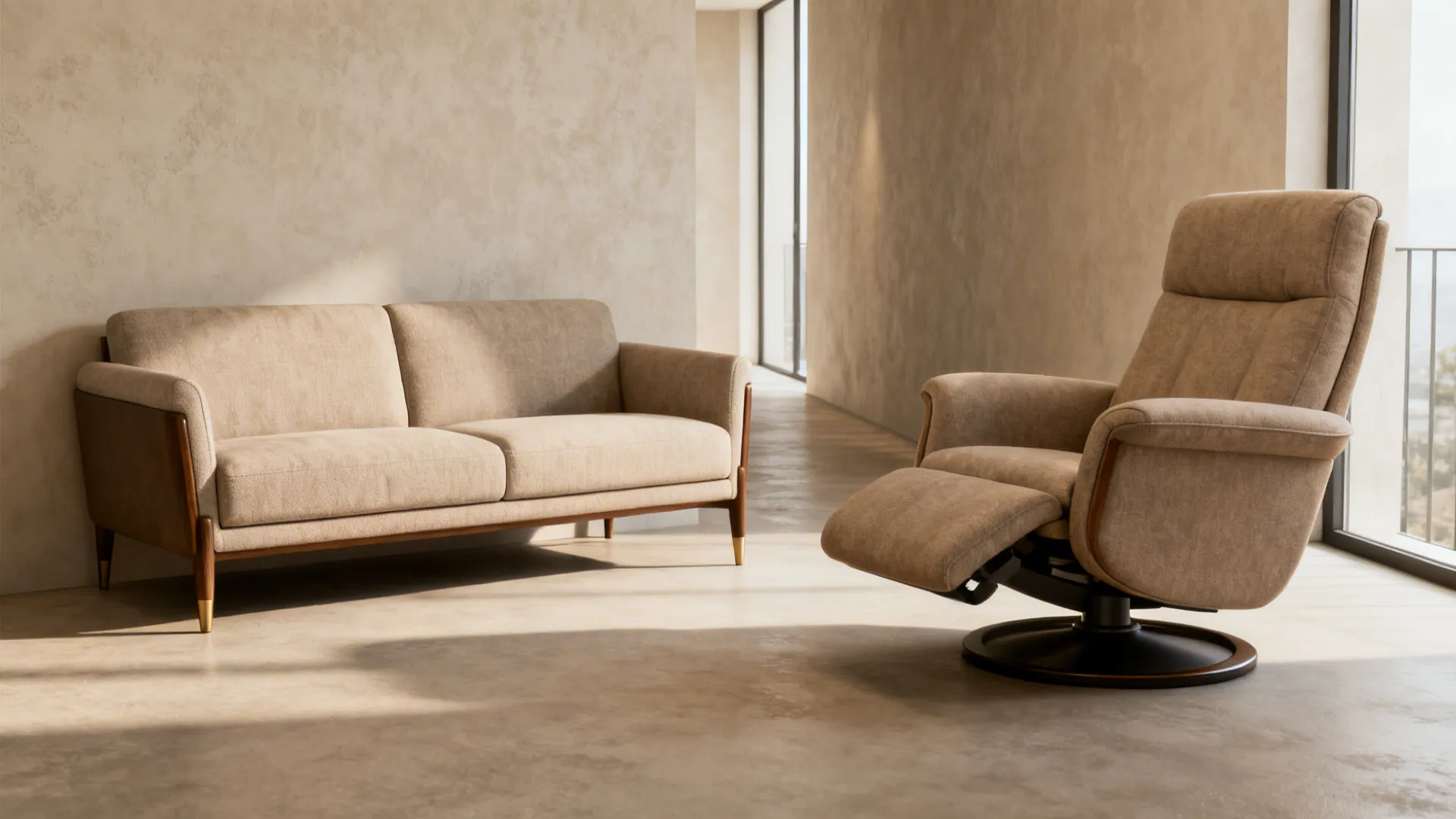 Slim two-seater sofa paired with a swiveling apartment recliner, showing cohesive upholstery and clear pathways.