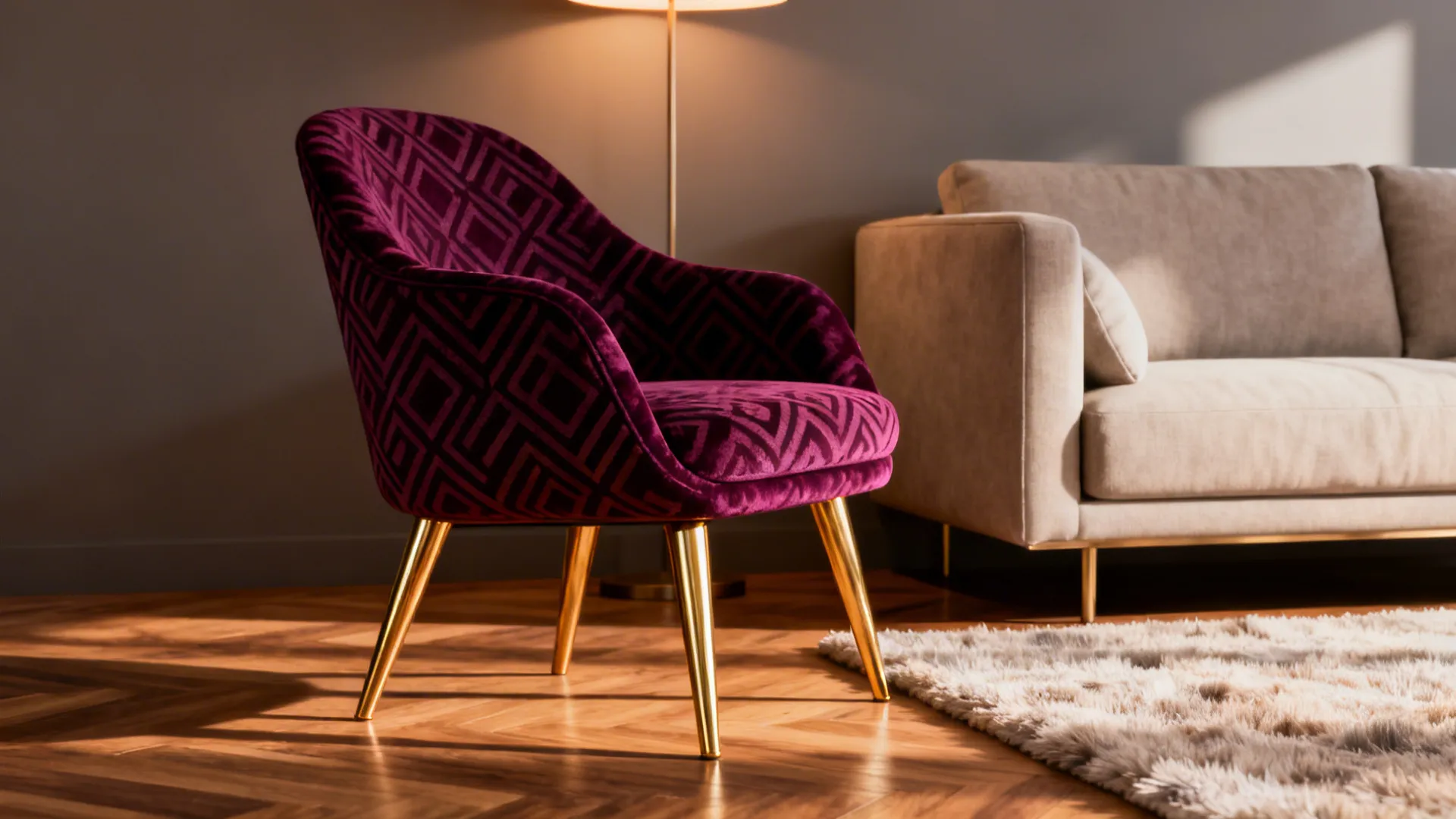 Sculptural accent chair with contrasting fabric beside a compact sofa in a small living room