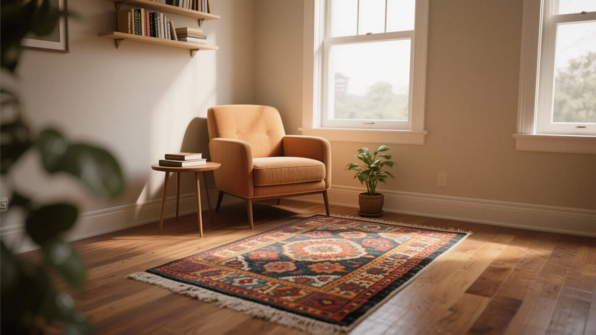 Orange armchair and small wooden table on patterned rug in room with two bright windows