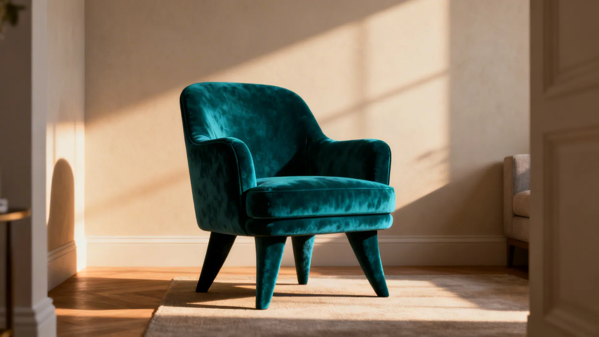 Bold deep-teal accent chair anchoring a neutral small living room palette.