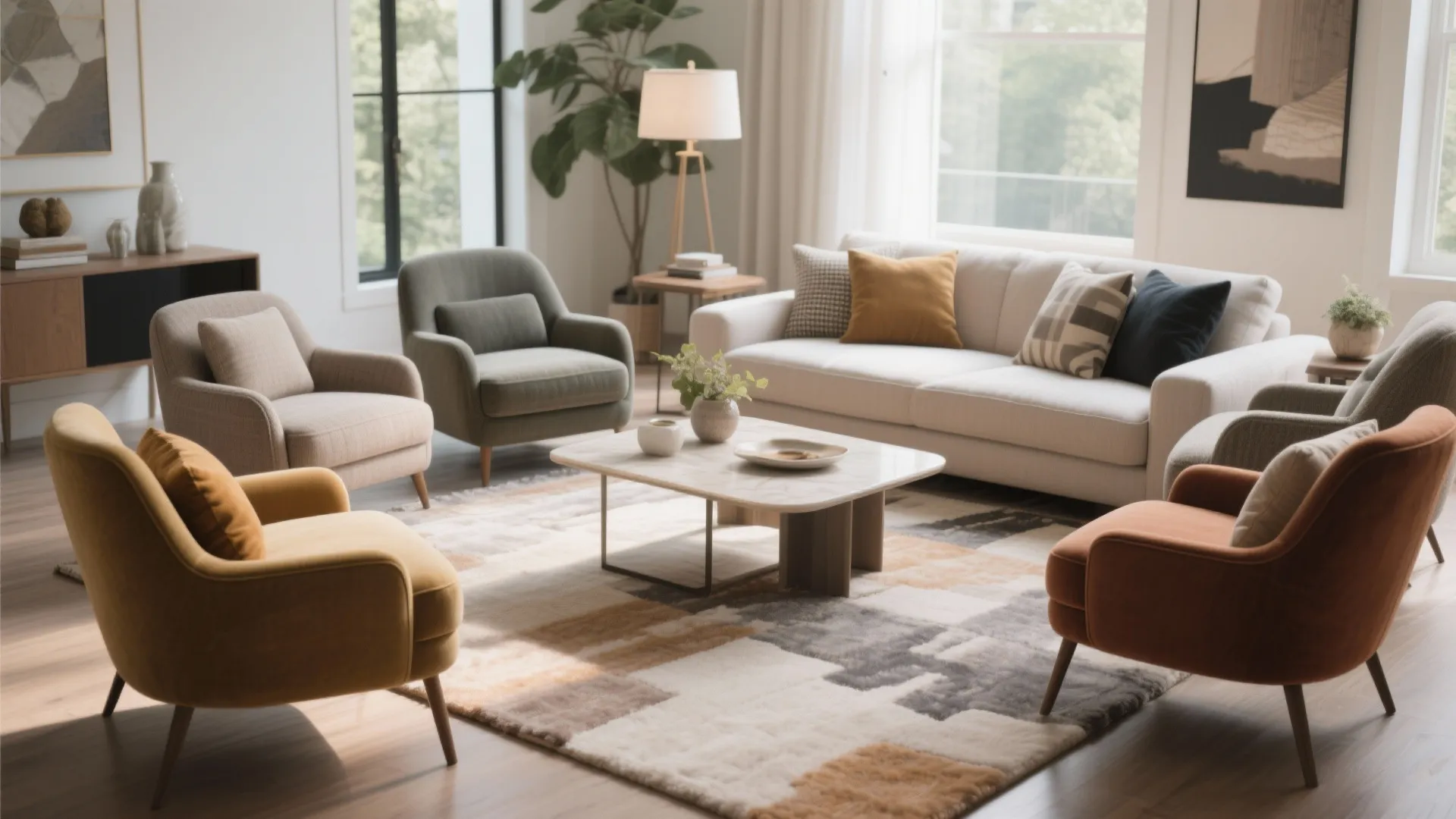 Modern living room featuring a white sofa and colorful armchairs around a marble coffee table