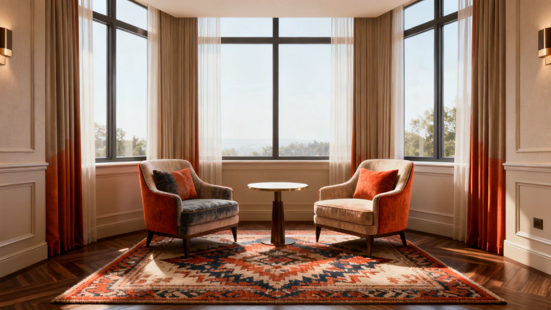 Two comfortable armchairs and small round table on patterned rug near large bright bay windows