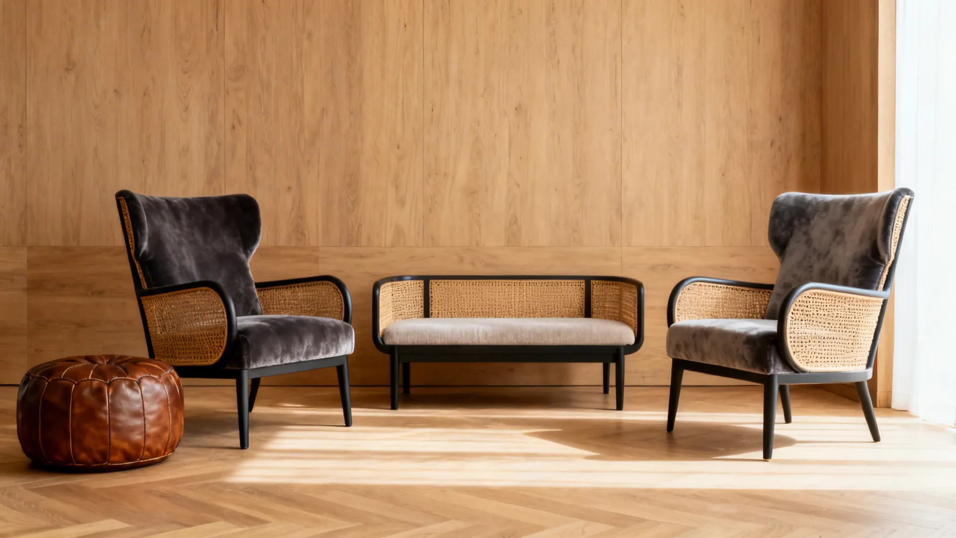 Two accent chairs with a small bench and a leather pouf forming a conversation area.