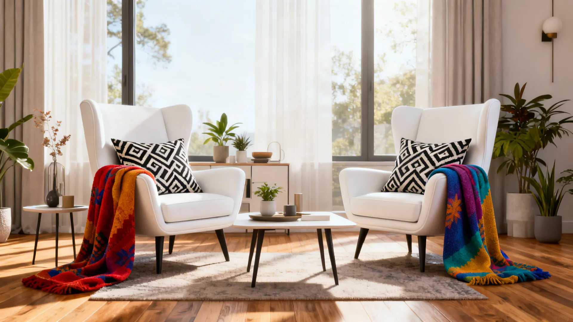 White accent chairs styled with bold pillows and throws for contrast