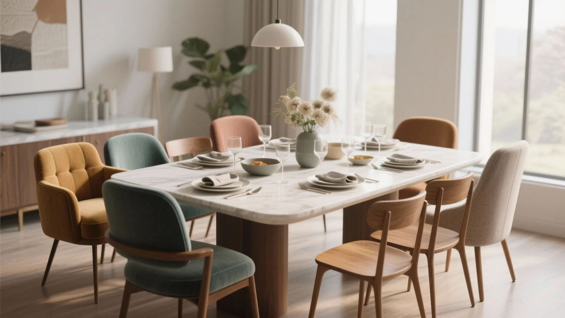 Dining table with a mix of accent and standard chairs