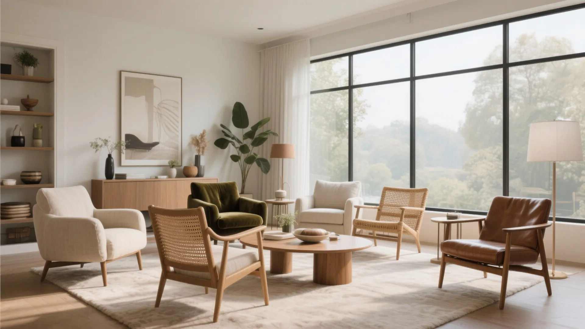 Modern living room with leather and velvet chairs around a wooden coffee table near windows