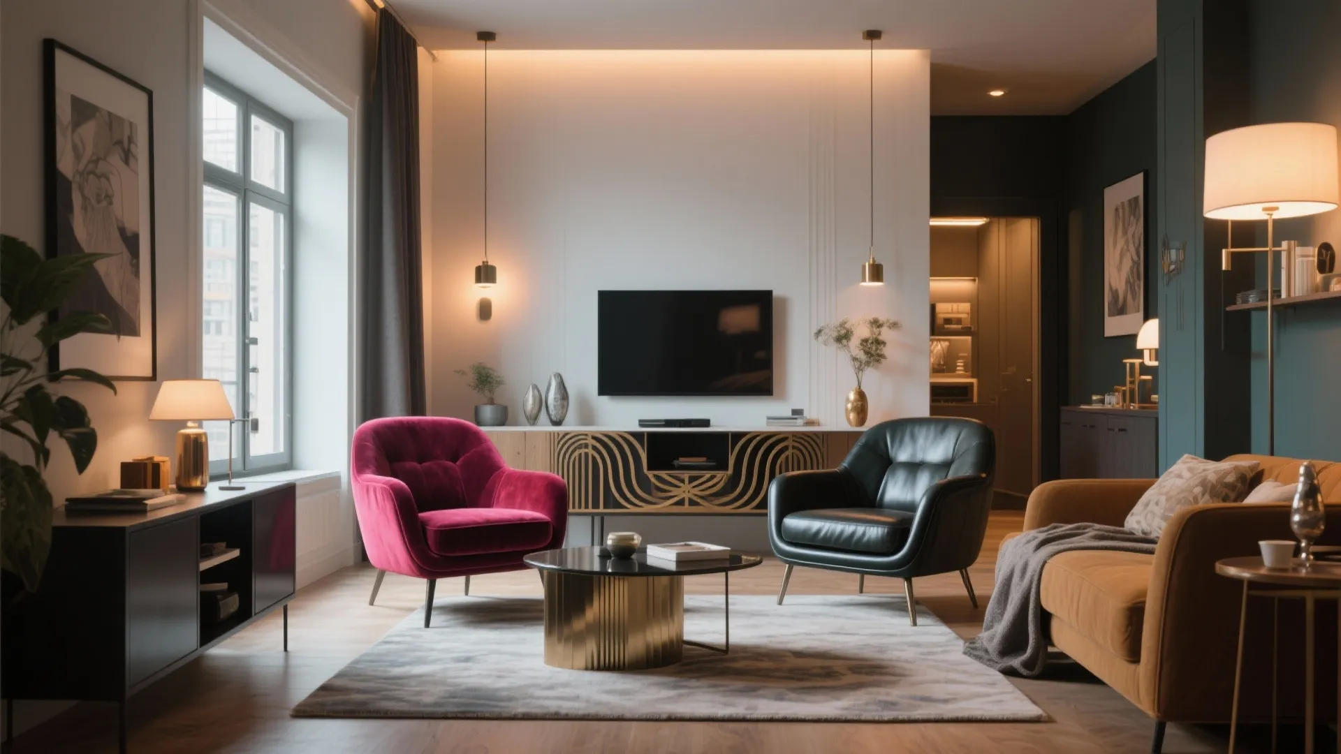 Modern living room featuring colorful armchairs gold coffee table television and warm indoor light fixtures
