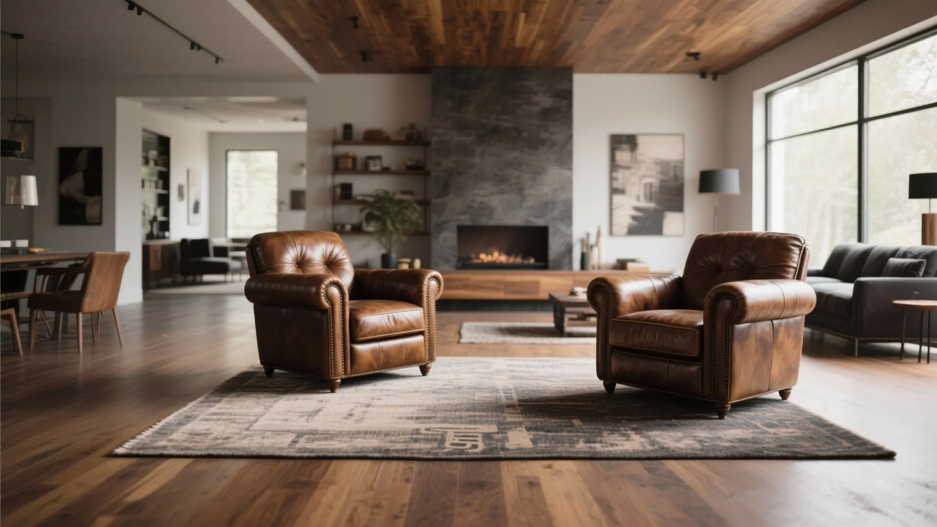 Two brown leather chairs on grey rug in spacious living room with large stone fireplace