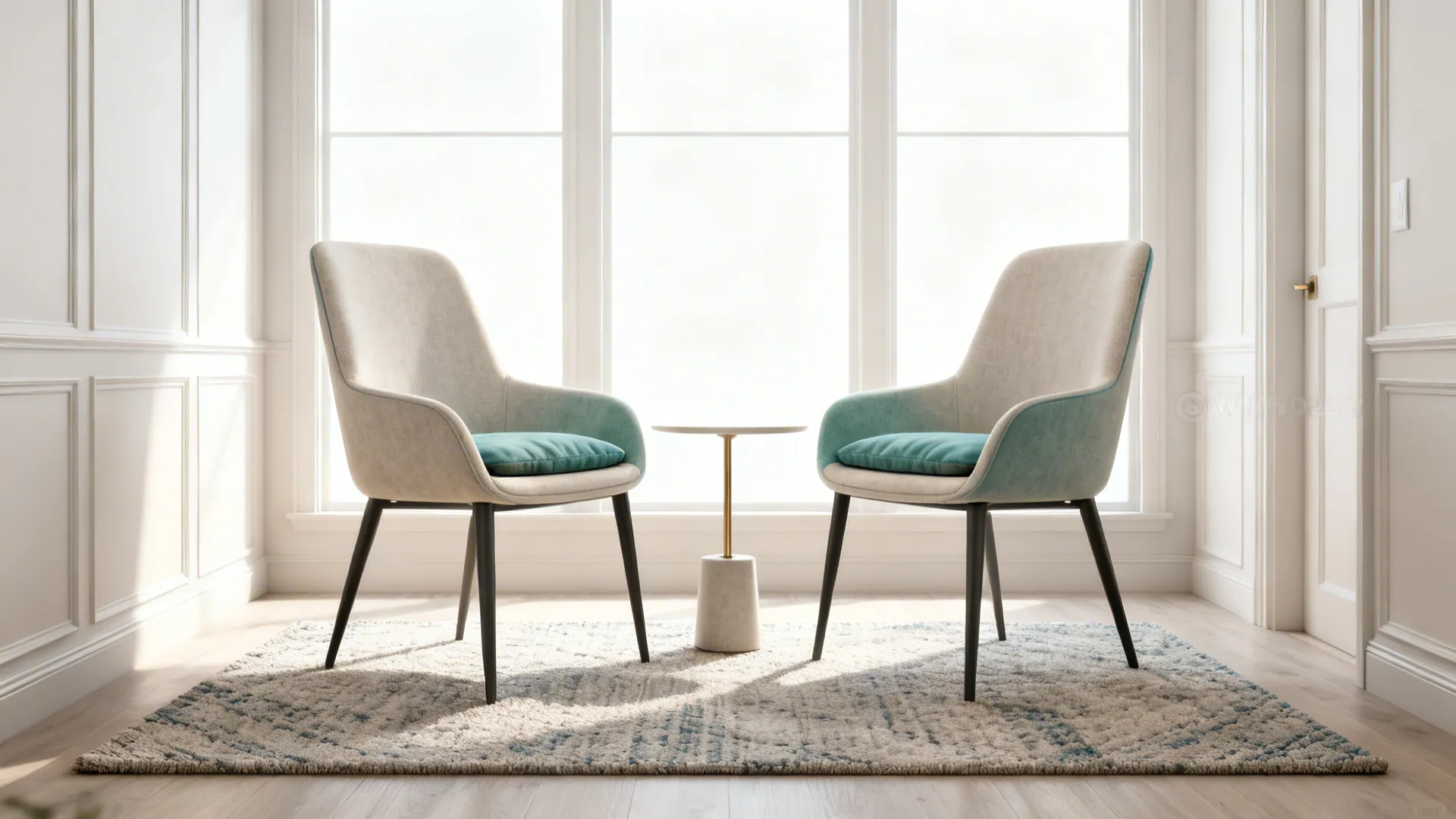 Two slim accent chairs with a small side table between them in a compact living room.