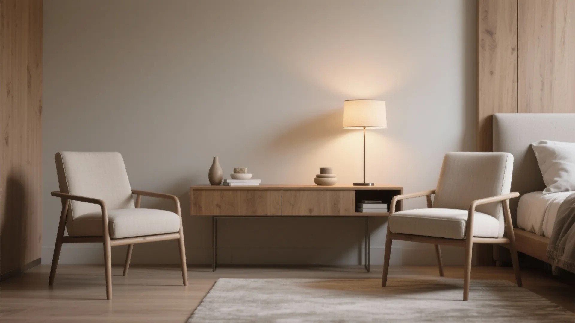 Modern bedroom sitting area featuring two beige chairs a wooden cabinet and a small lamp