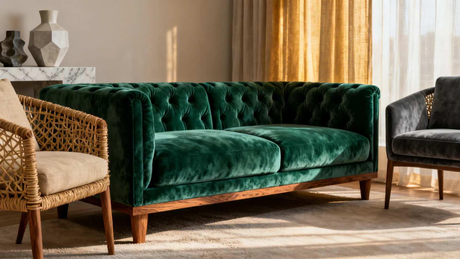 Sectional paired with velvet and rattan accent chairs showing contrasting textures and balanced scale.