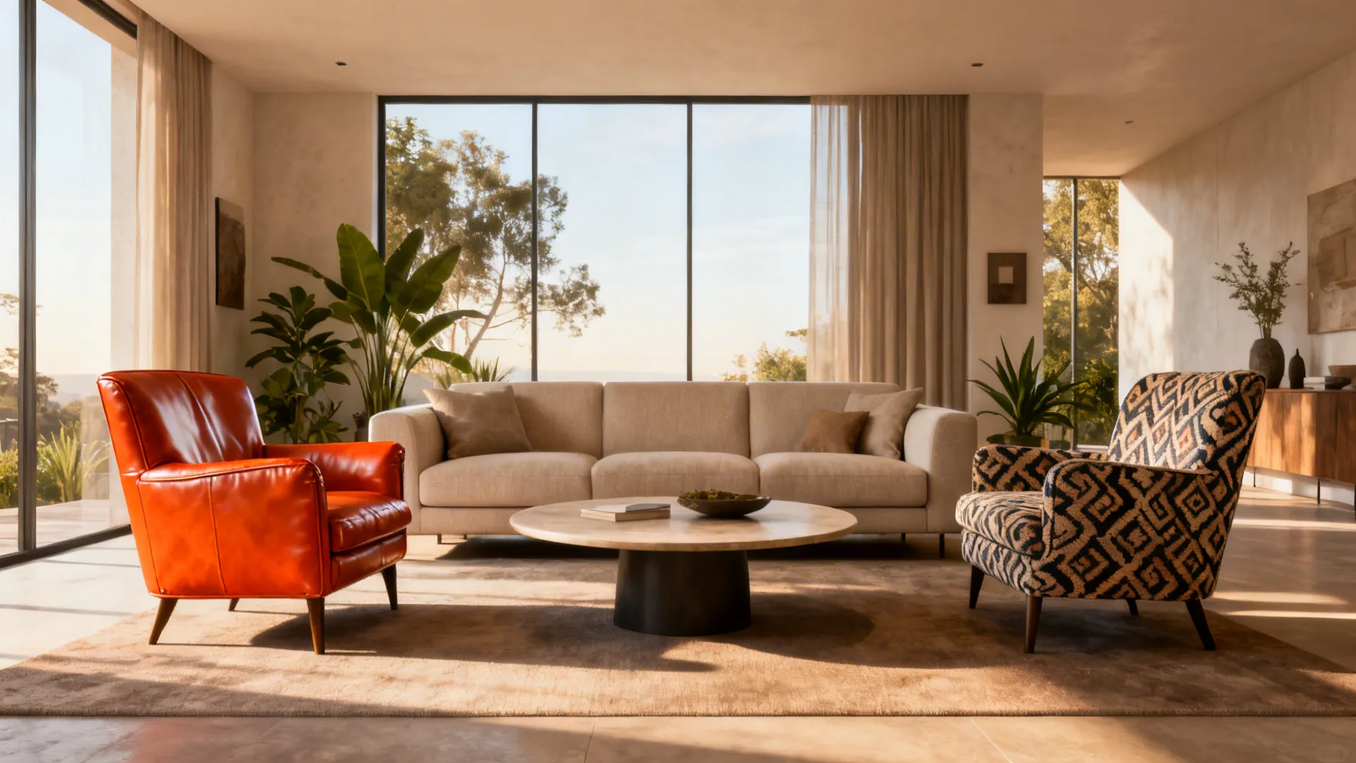 Neutral sofa with two accent chairs creating a cozy conversation zone in a small living room.