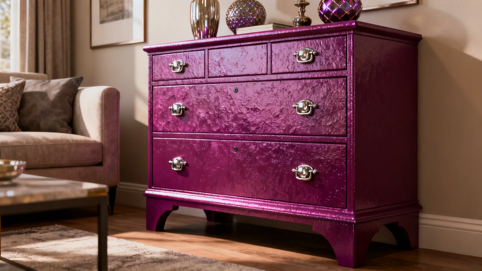 Jewel-toned accent chest adding personality and texture to a neutral living room.