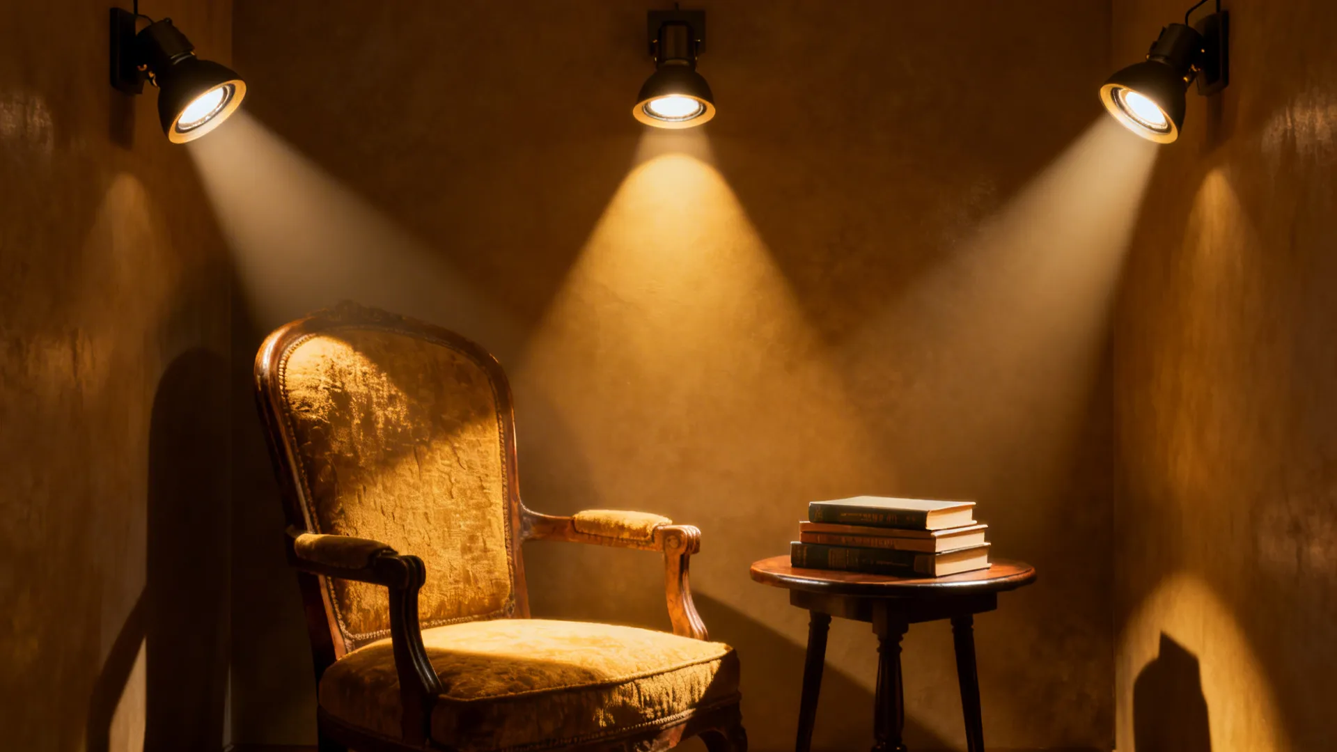 Cozy reading nook illuminated by a cluster of recessed lights focused on a vintage chair and side table.