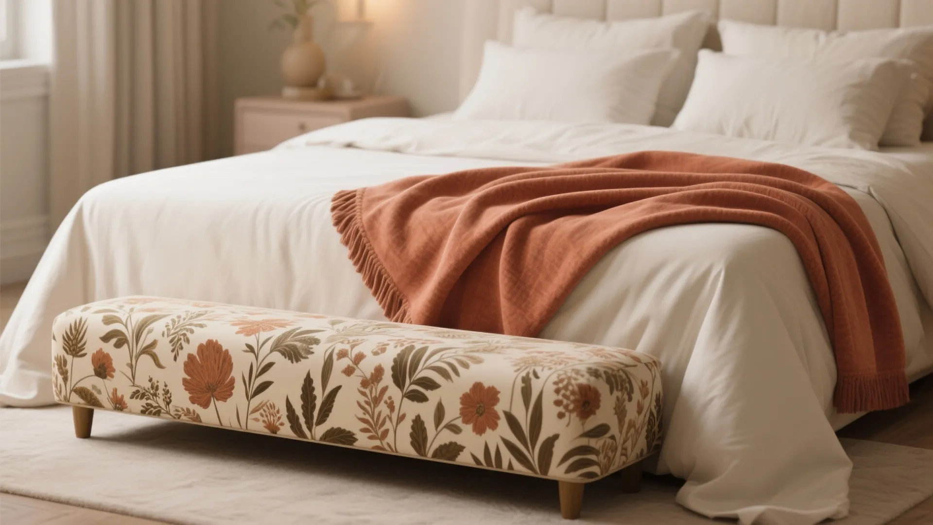 Cozy bedroom with white bedding plus an orange blanket and floral patterned bench for seating