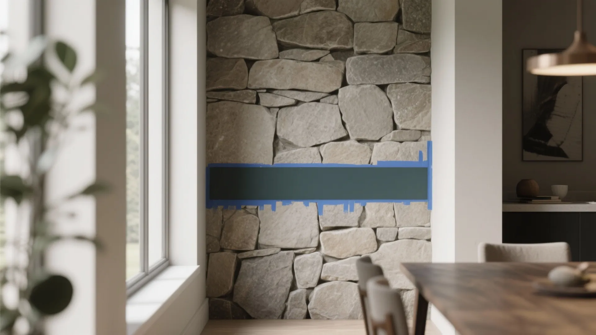 Stone wall featuring a dark green paint band with blue masking tape in dining room