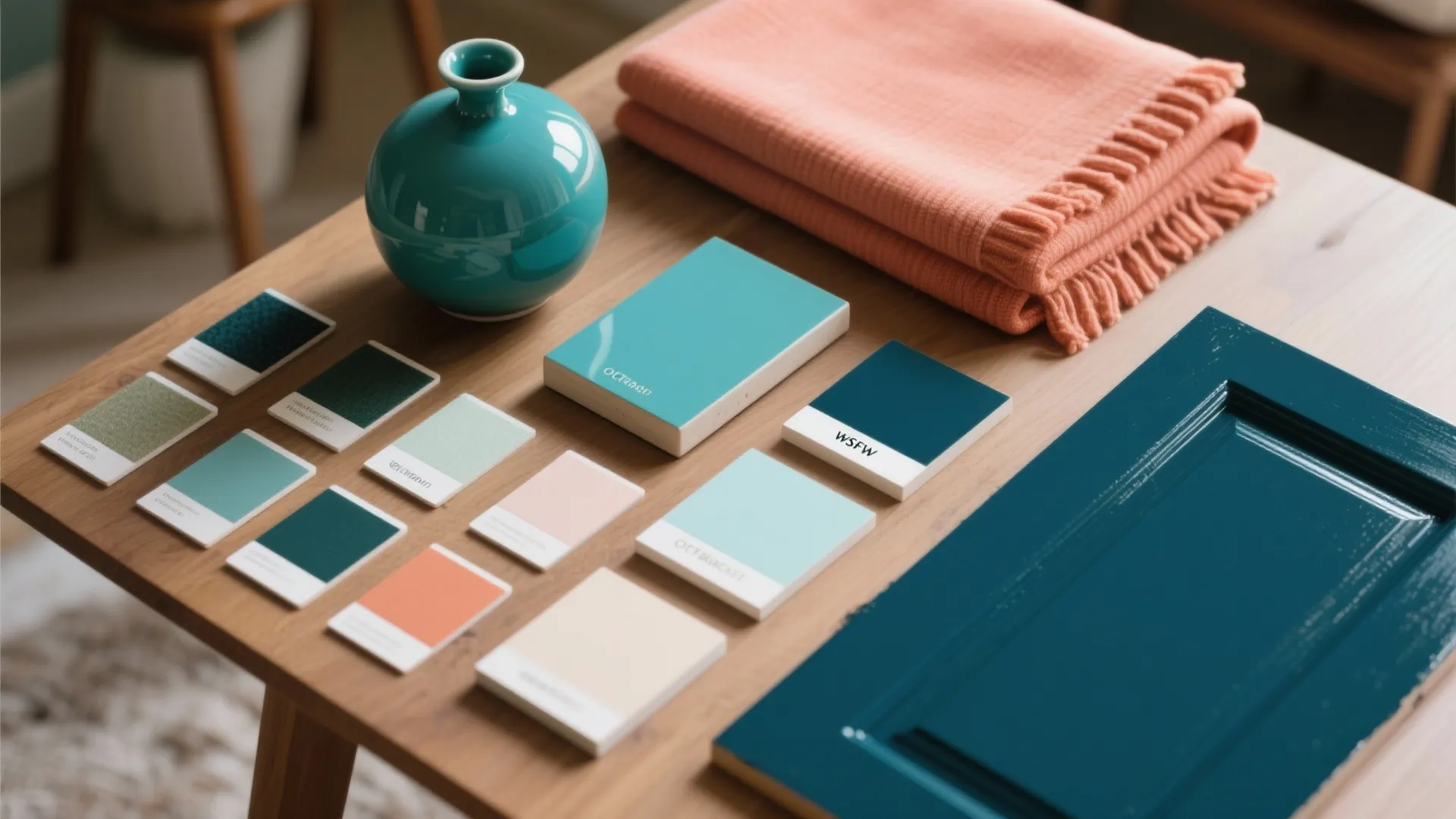 Wooden table holding teal vase pink towel cabinet door sample and various blue color cards