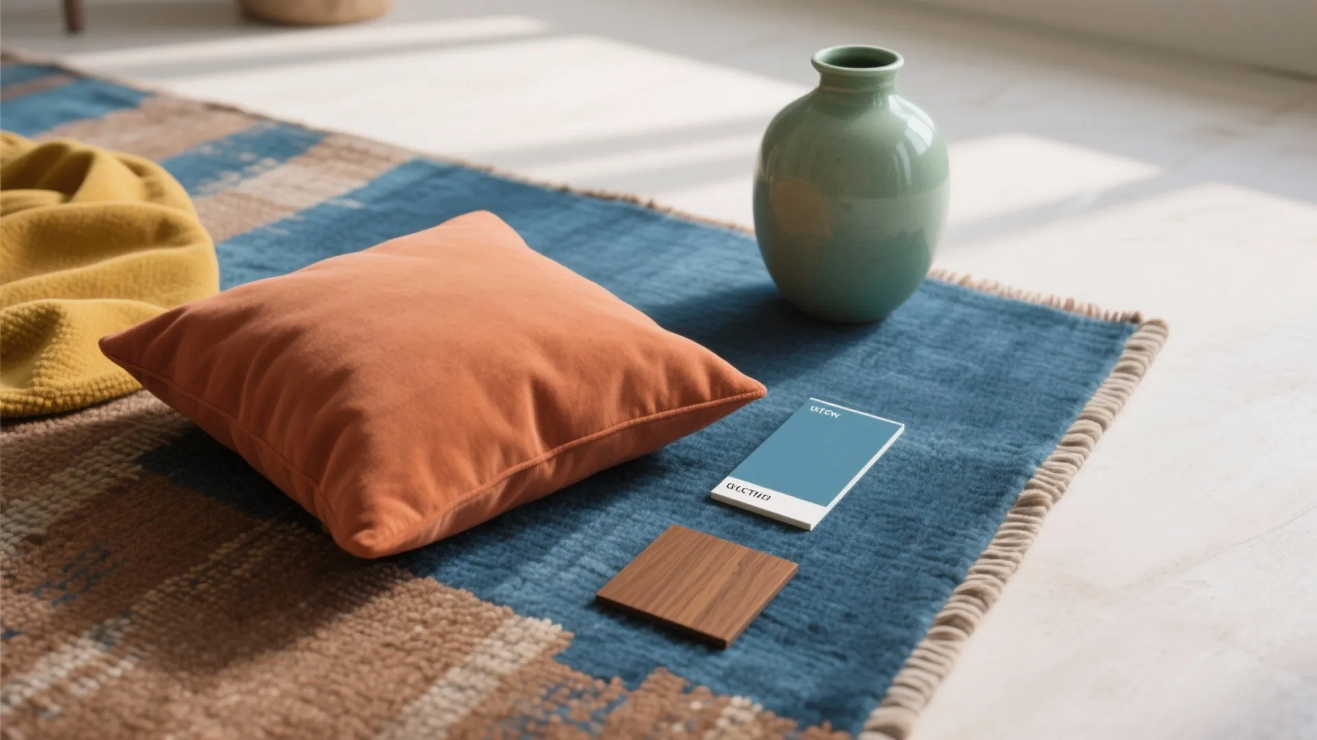 Interior design mood board with blue rug, orange pillow, green vase, and wood material samples