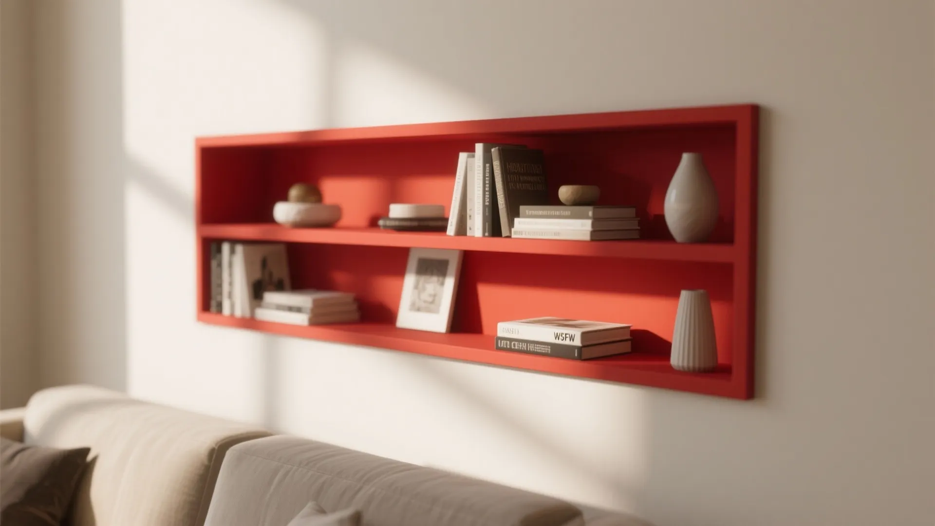 Modern red wall shelf with books and white vases installed above a neutral colored sofa