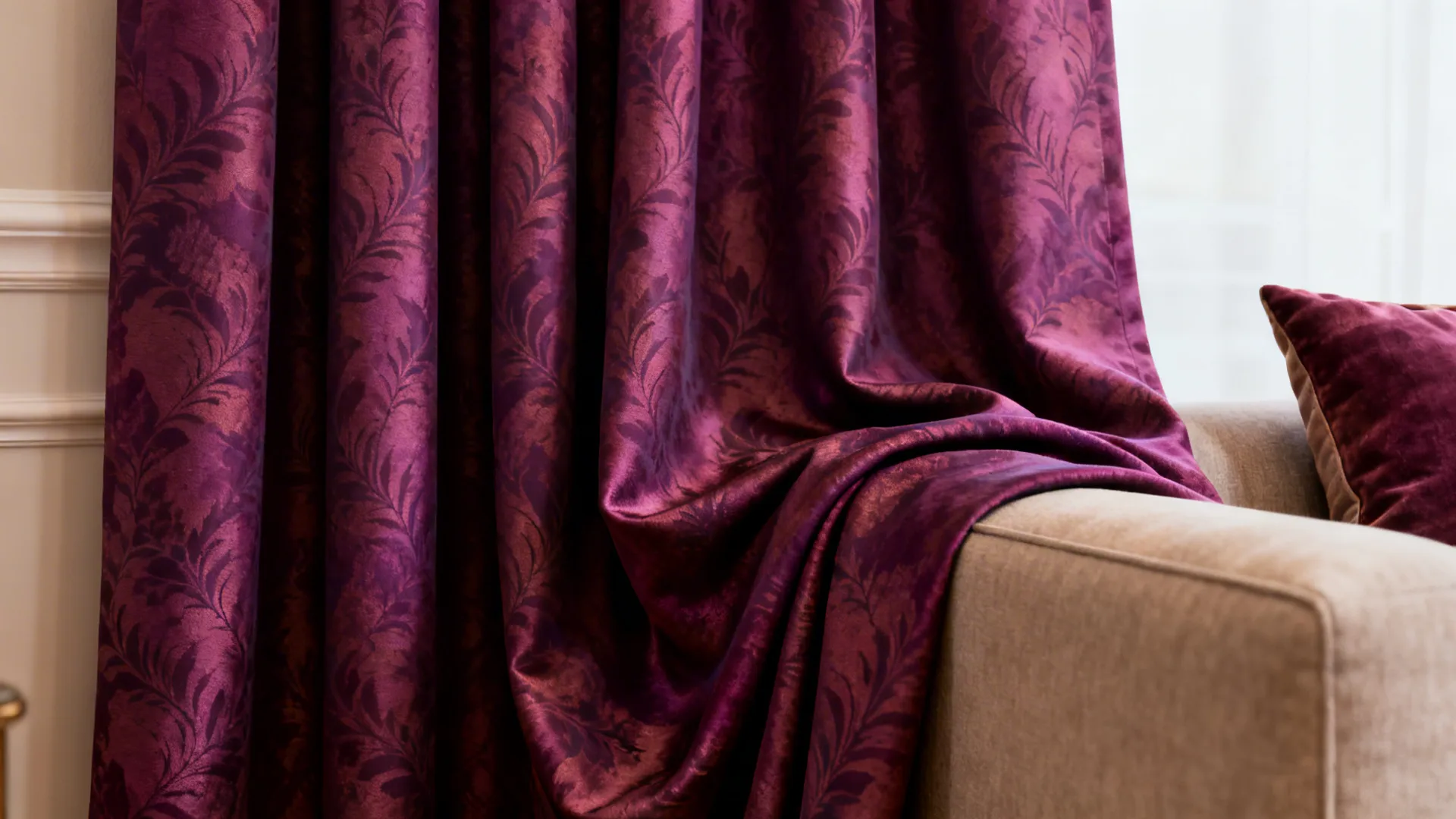 Purple curtains with leaf pattern draped over sofa in room with white wall panel decoration