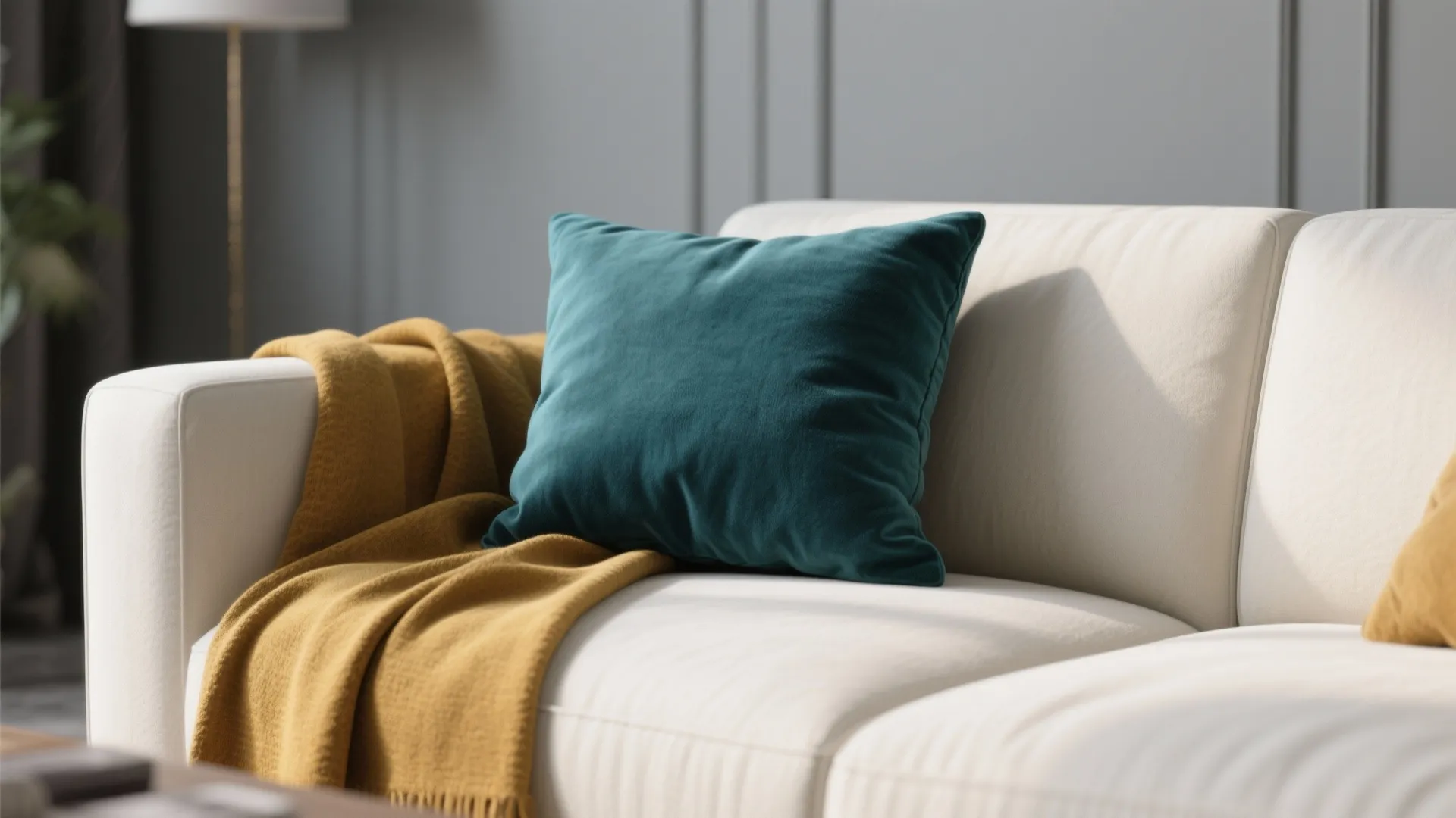 Close up of a dark green pillow and yellow blanket on a white modern sofa