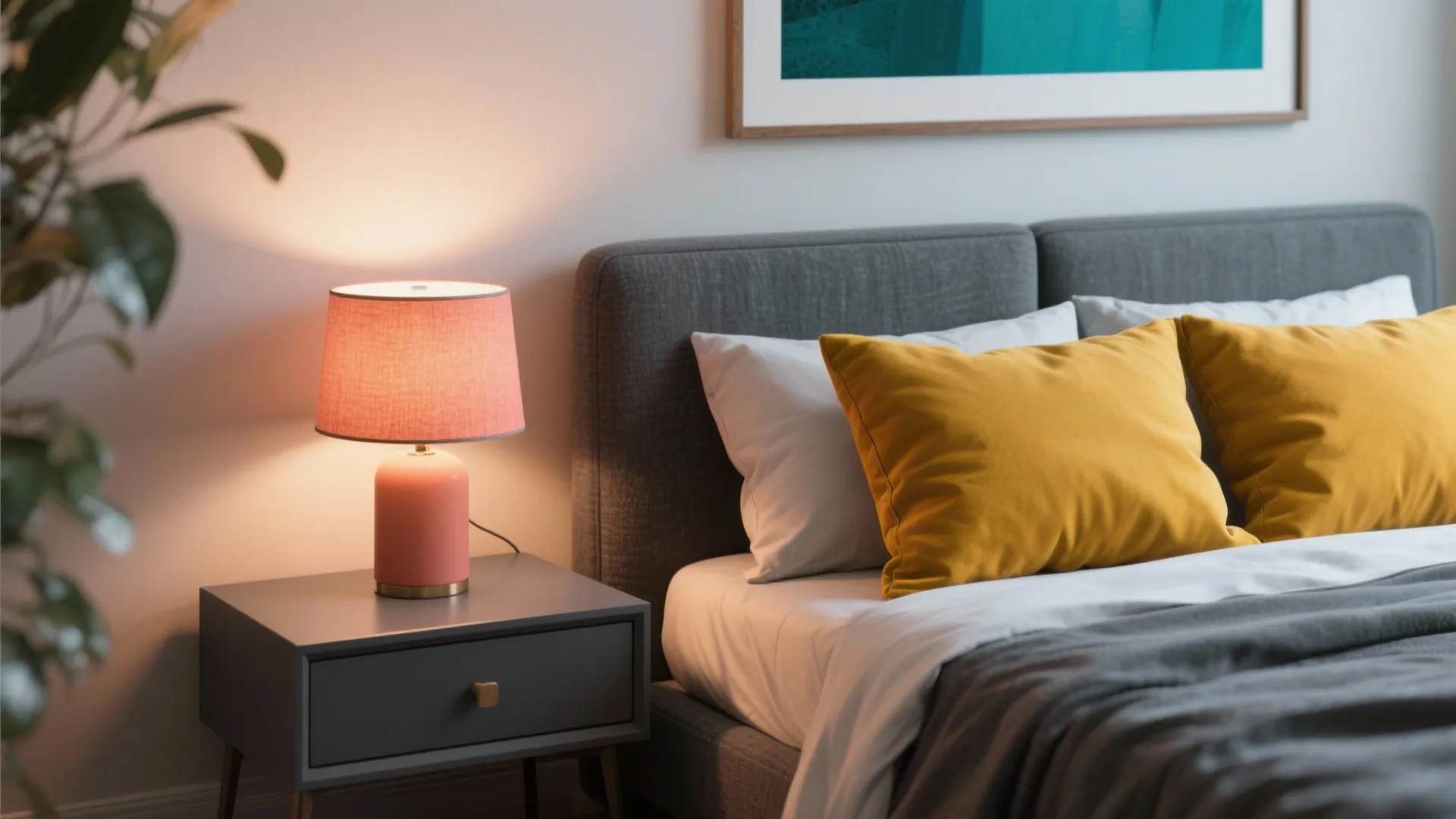 Bedside scene with dark grey furniture and a single mustard accent cushion and coral lamp.