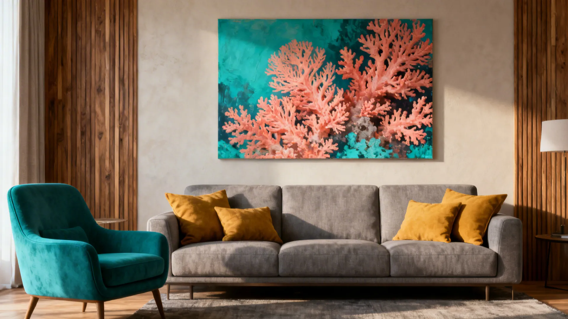 Living room with grey sofa yellow pillows teal armchair and large coral wall art painting