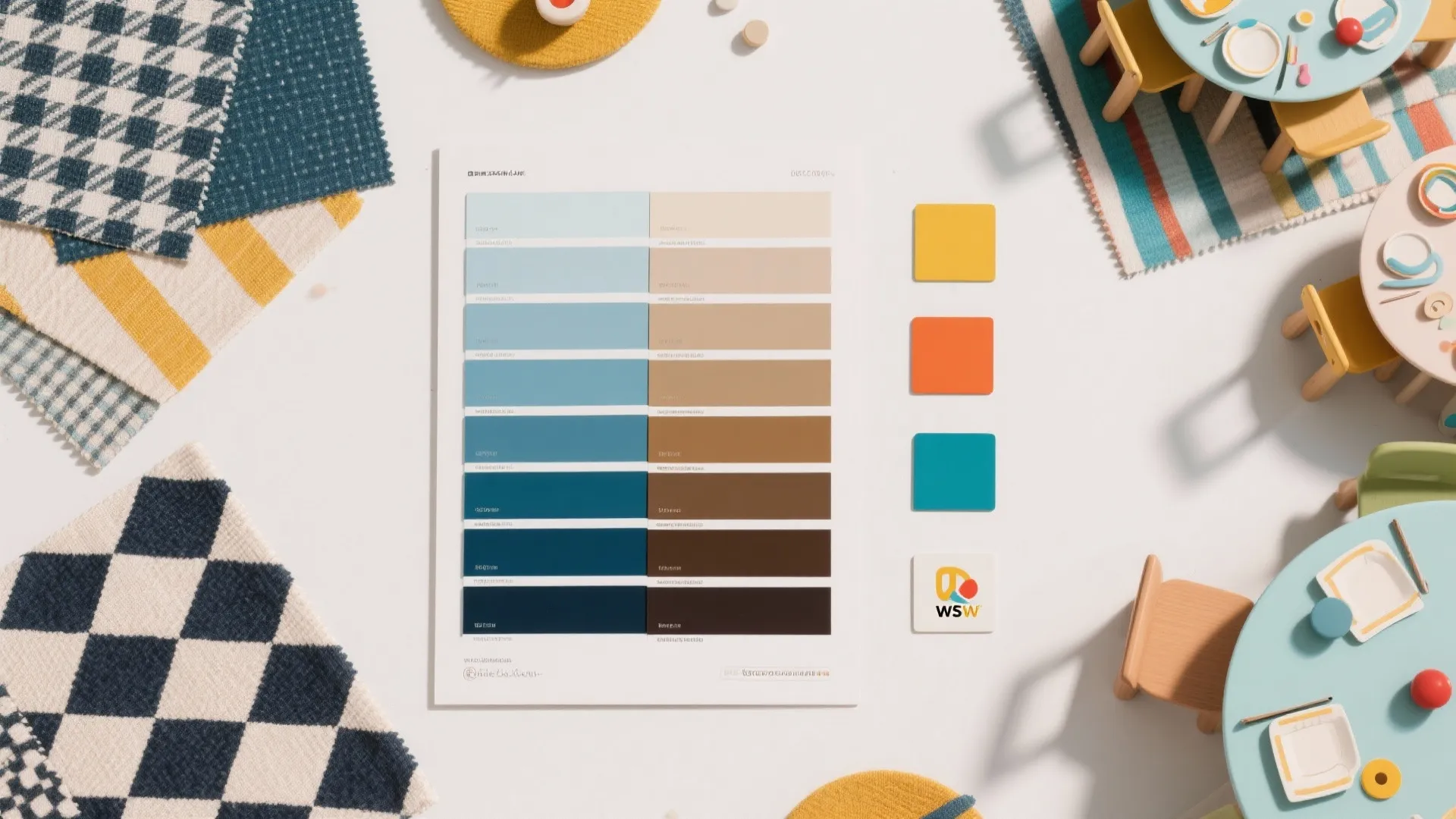 Color palette chart with blue and brown swatches next to fabric samples and small tables