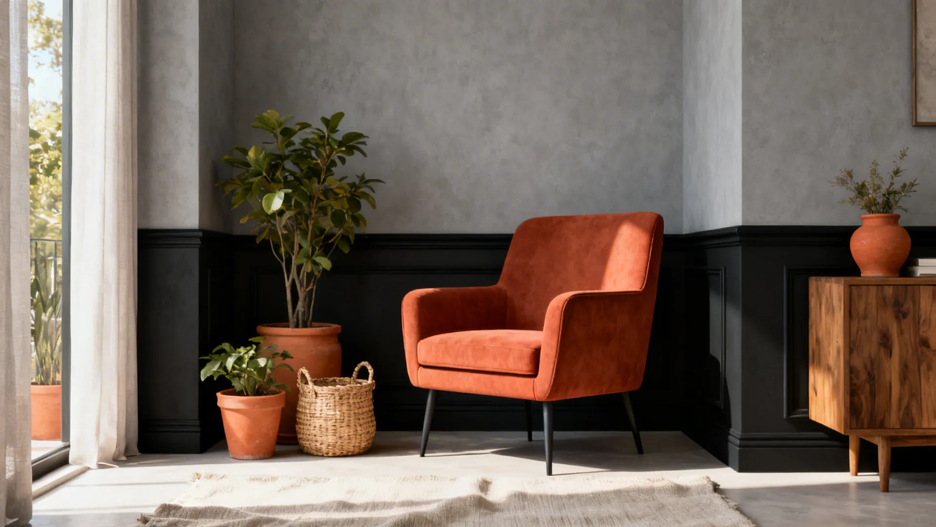 Terracotta armchair and clay planters popping against grey walls and black trim in a small room.