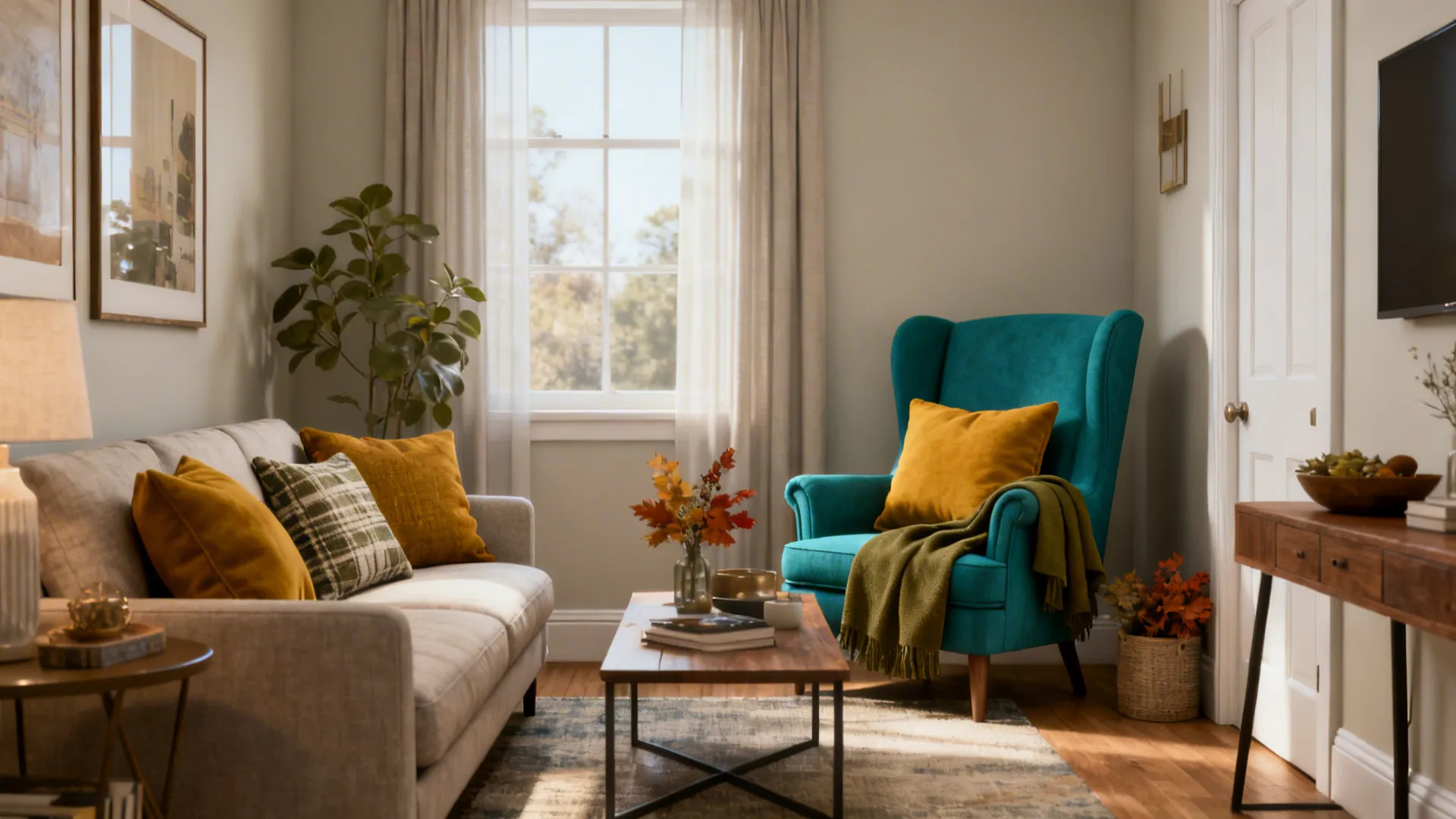 Living room vignette with teal accent chair and mustard cushions on neutral walls