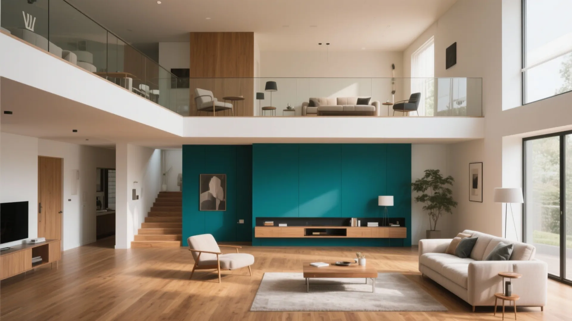 Spacious living room featuring a teal accent wall wooden floor white sofa and second floor view