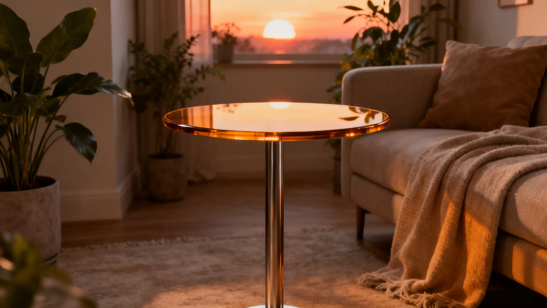 Accent end table with soft amber tempered glass and a slim metal base