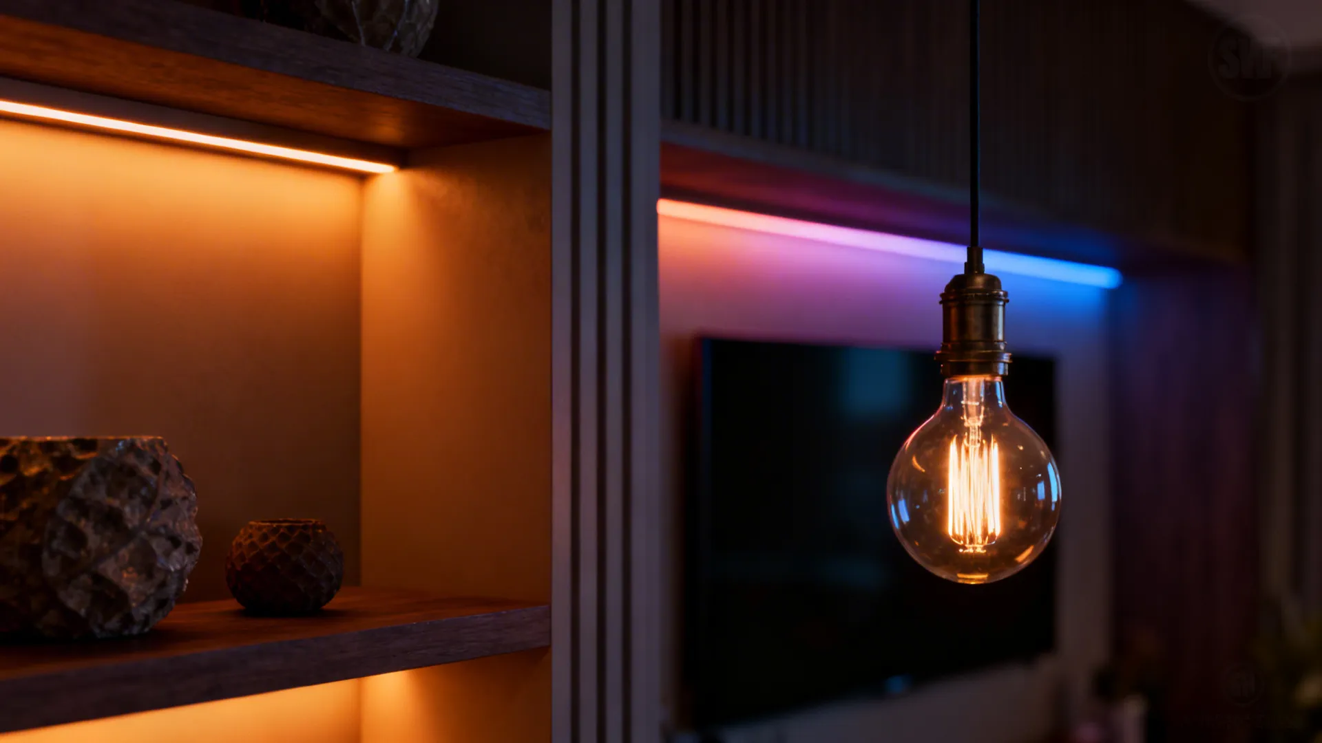 Accent lighting including amber niche light, vintage filament pendant, and subtle colored LED strip behind a TV.
