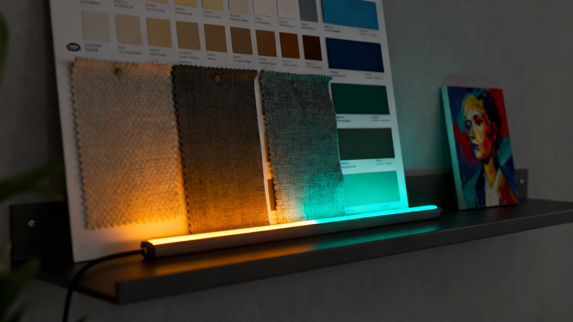 Accent RGB lighting samples on fabric swatches and paint chips showing color effects.