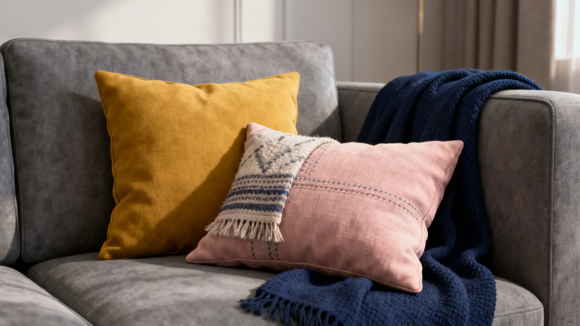 Gray sofa with mustard, navy, and blush cushions creating lively accents