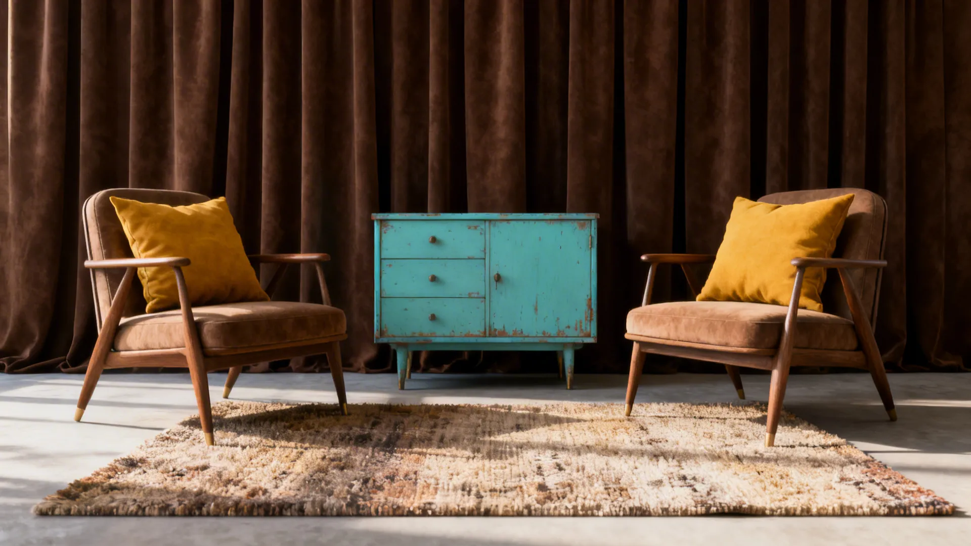 Two brown chairs with yellow pillows stand beside a blue cabinet against dark brown curtains