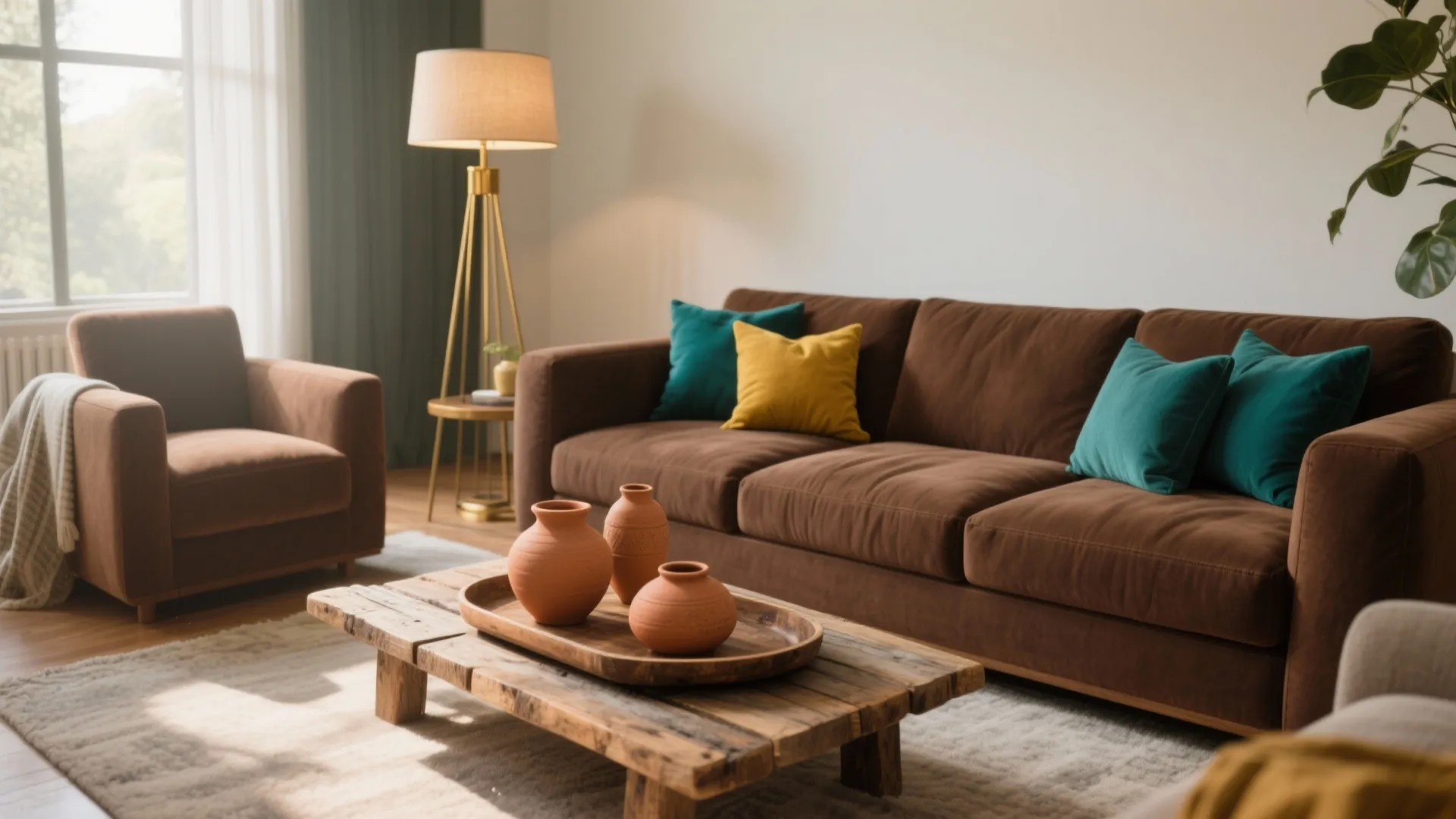 Chocolate sectional styled with teal and mustard cushions and a brass lamp in a modern living room