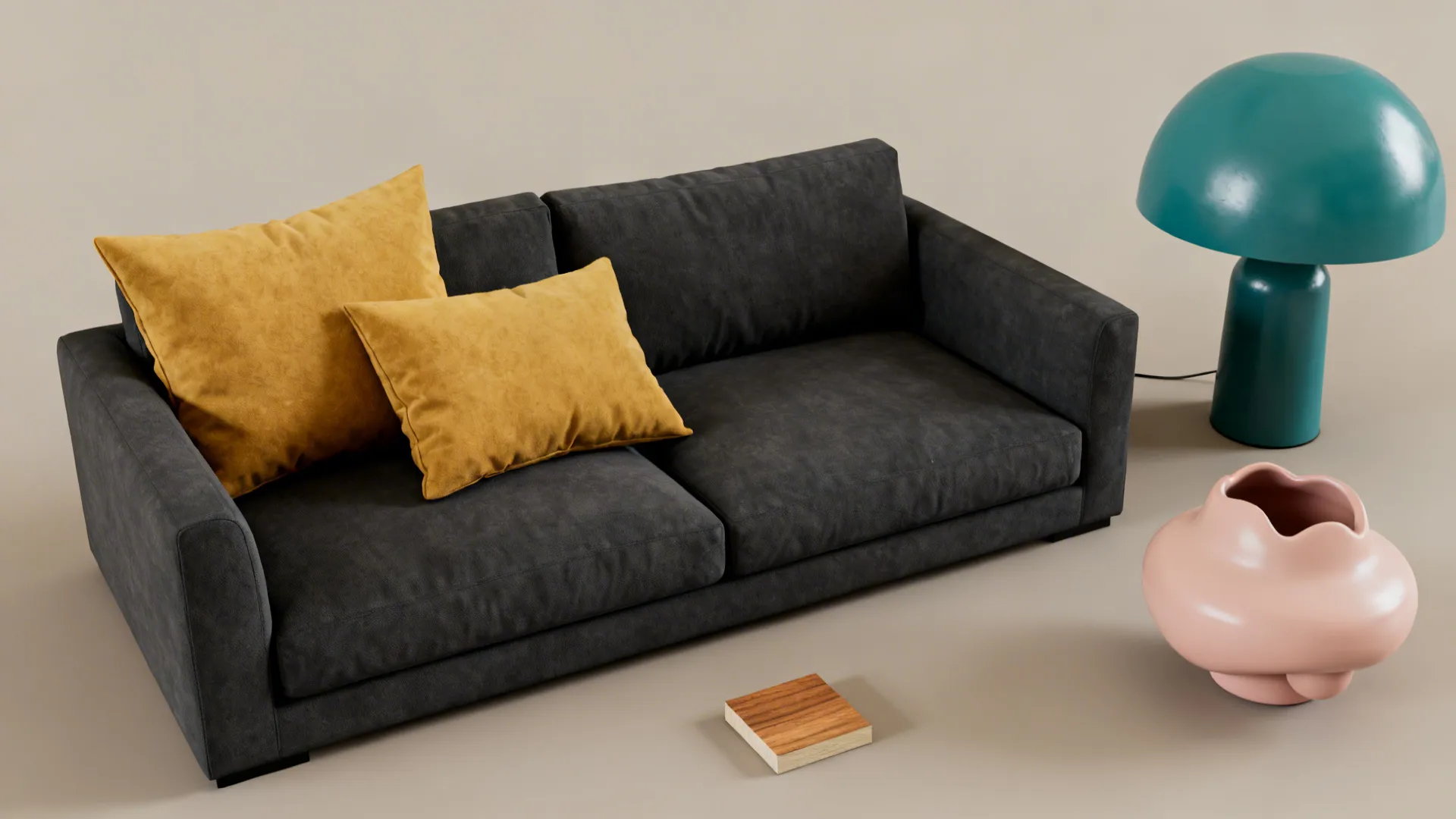 Flatlay of mustard, teal and blush accessories curated for a dark grey couch