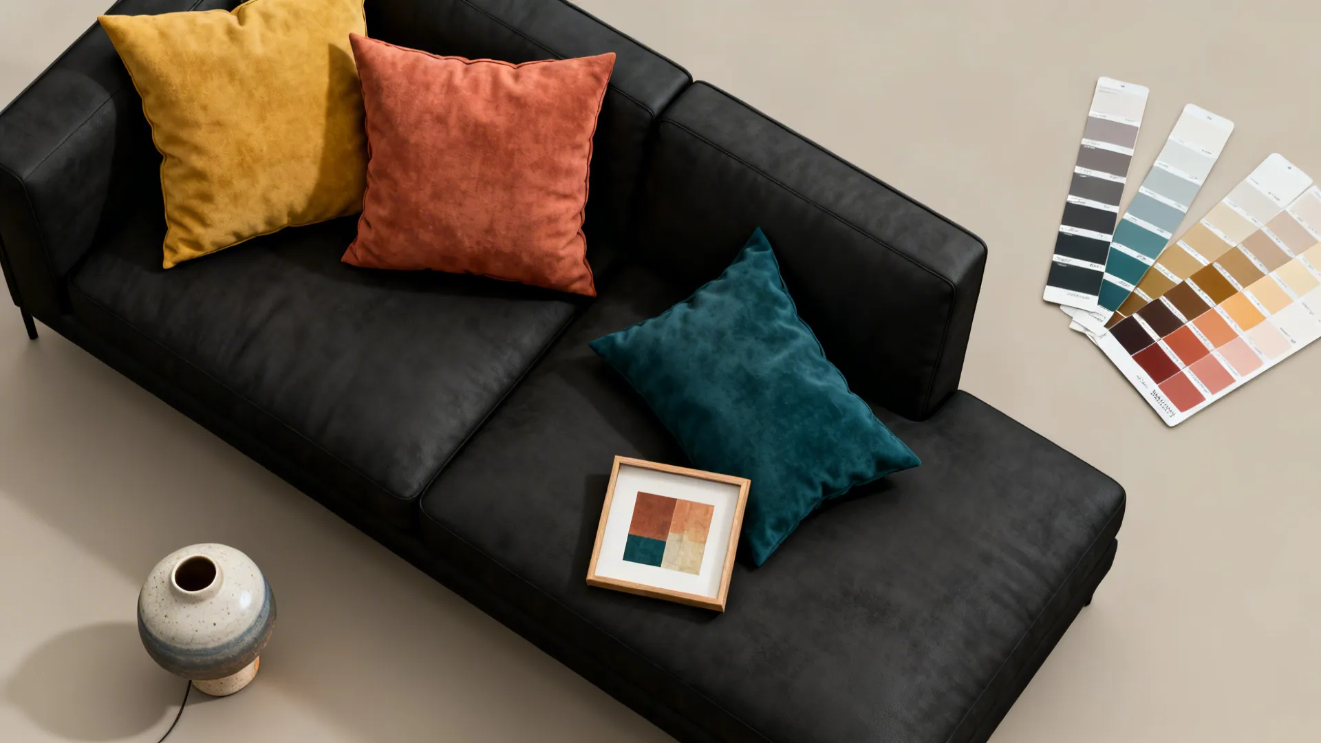 Top-down flatlay of mustard, terracotta and deep teal accent samples for styling a black sofa