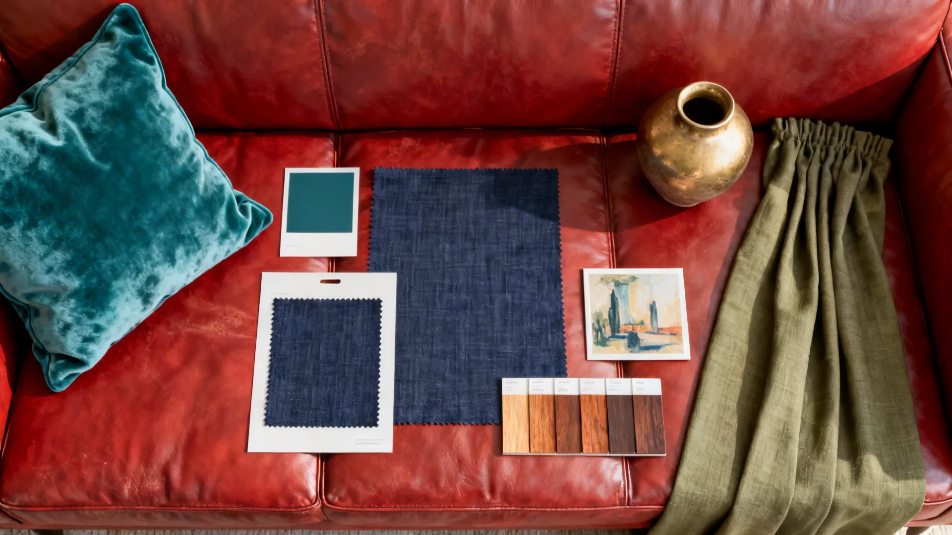 Top-down flatlay of teal, navy, and olive fabric swatches and decorative accessories for a red sofa.