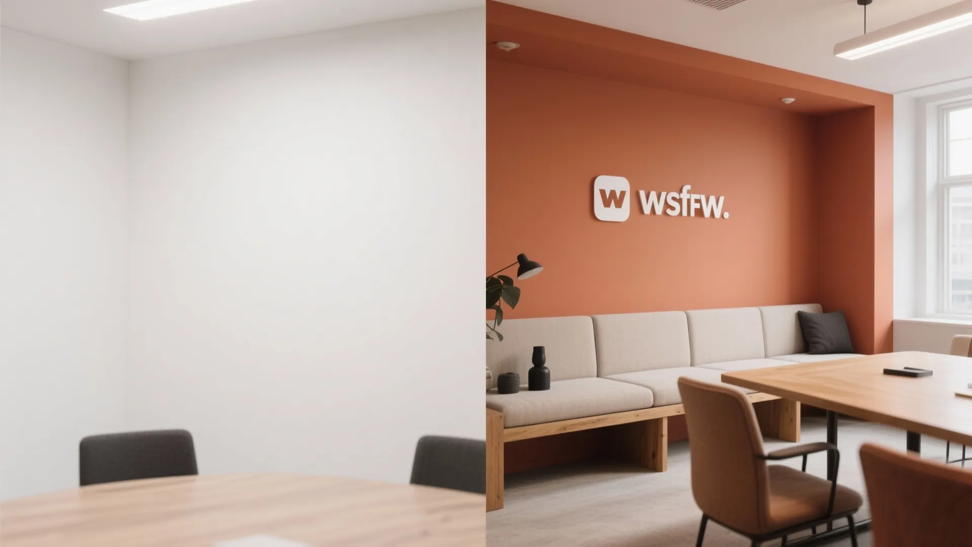 Modern office interior with white wall versus orange wall featuring long sofa and wooden table
