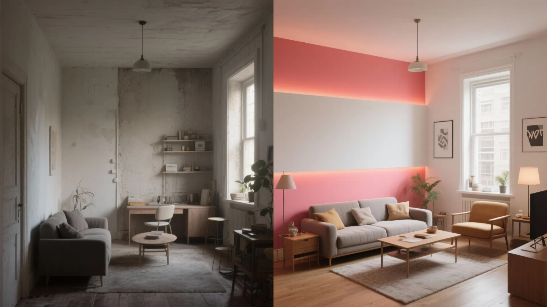 Before and after comparison of a dark messy room versus a bright pink living room