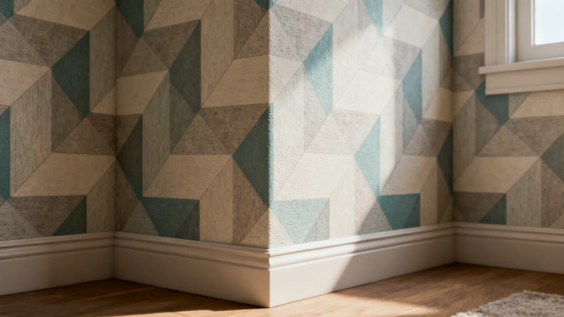 Corner accent wall with geometric wallpaper adding depth and character to a small living room.