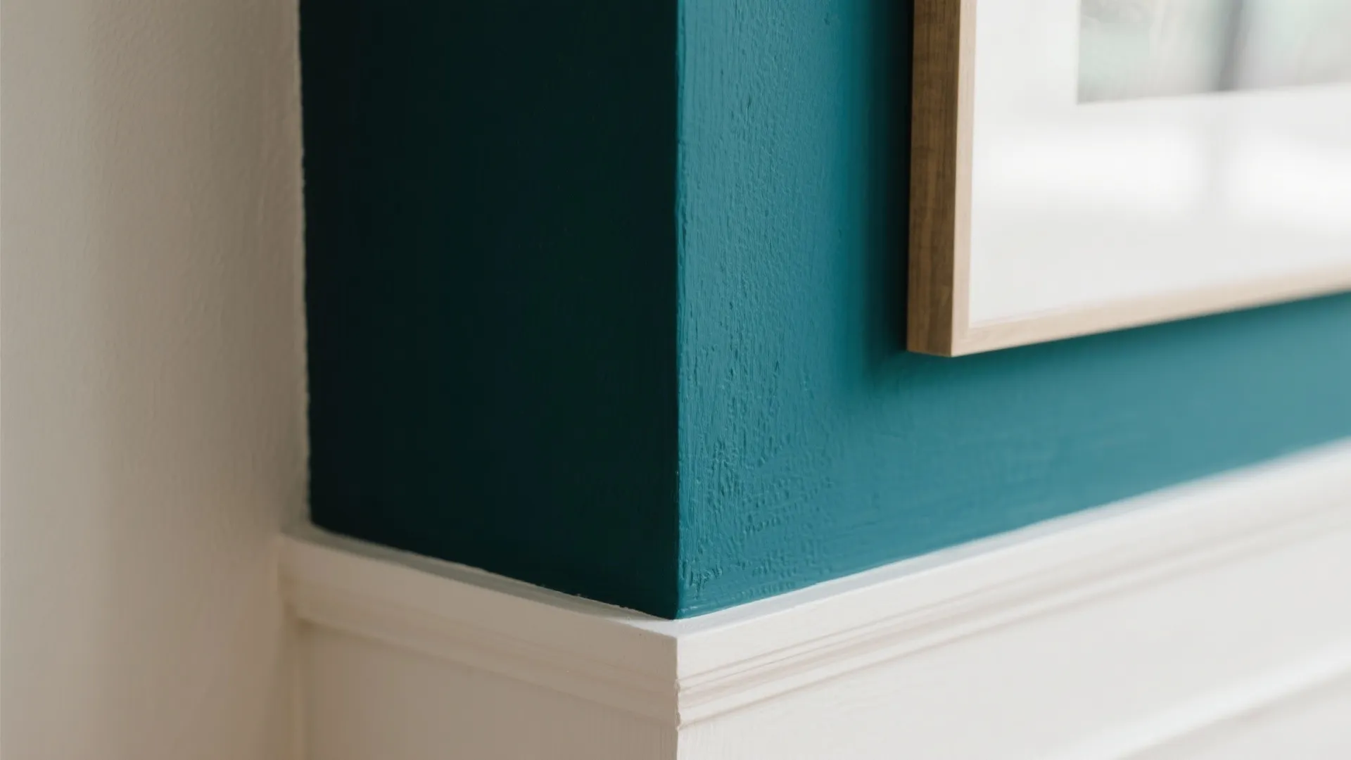 Close-up of a teal painted wall corner with white wall panel and wooden picture frame